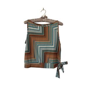 Vintage Rave Geometric Blue and Brown Tank Top with Side Tie Women's XL